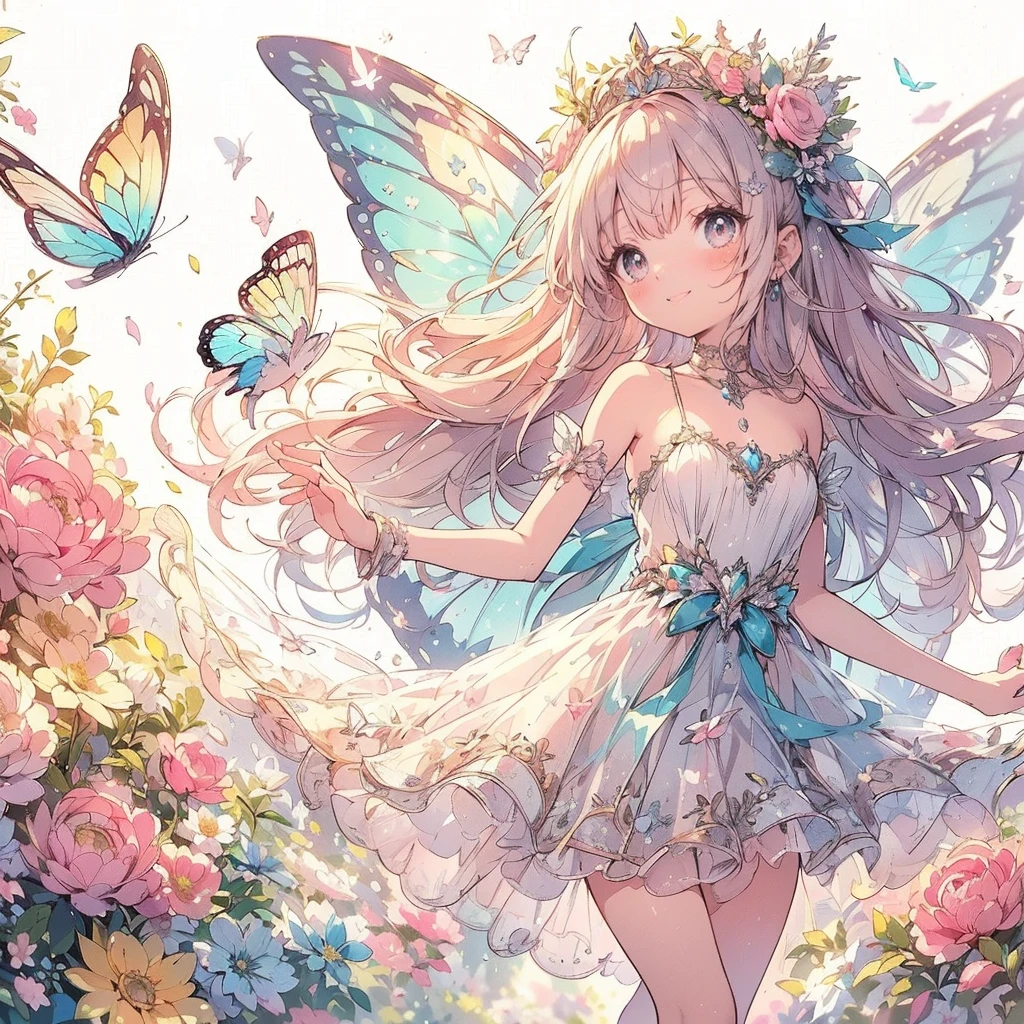 (Exquisite, beautiful, Very detailed, masterpiece, High resolution,high quality,High resolution),(Well-formed face,Soft and thin lines: 1.2, beautiful, Delicate and vivid illustrations with a mature and clear feel), A fairy princess with butterfly-like wings is walking with a smile in a gorgeous garden filled with flowers.,whole body,Princess's Castle,flower,flower petals,(Transparent fairy wings grow from your back), (Dazzling Smile), (tiara, Earrings, choker), Ball Gown Dress,Ribbons, lace and frills, (Pale pink blush, Plump pink lips,Large Bust,Fair skin, Good style),Bright colors,Eye-catching colors,Dynamic Angles