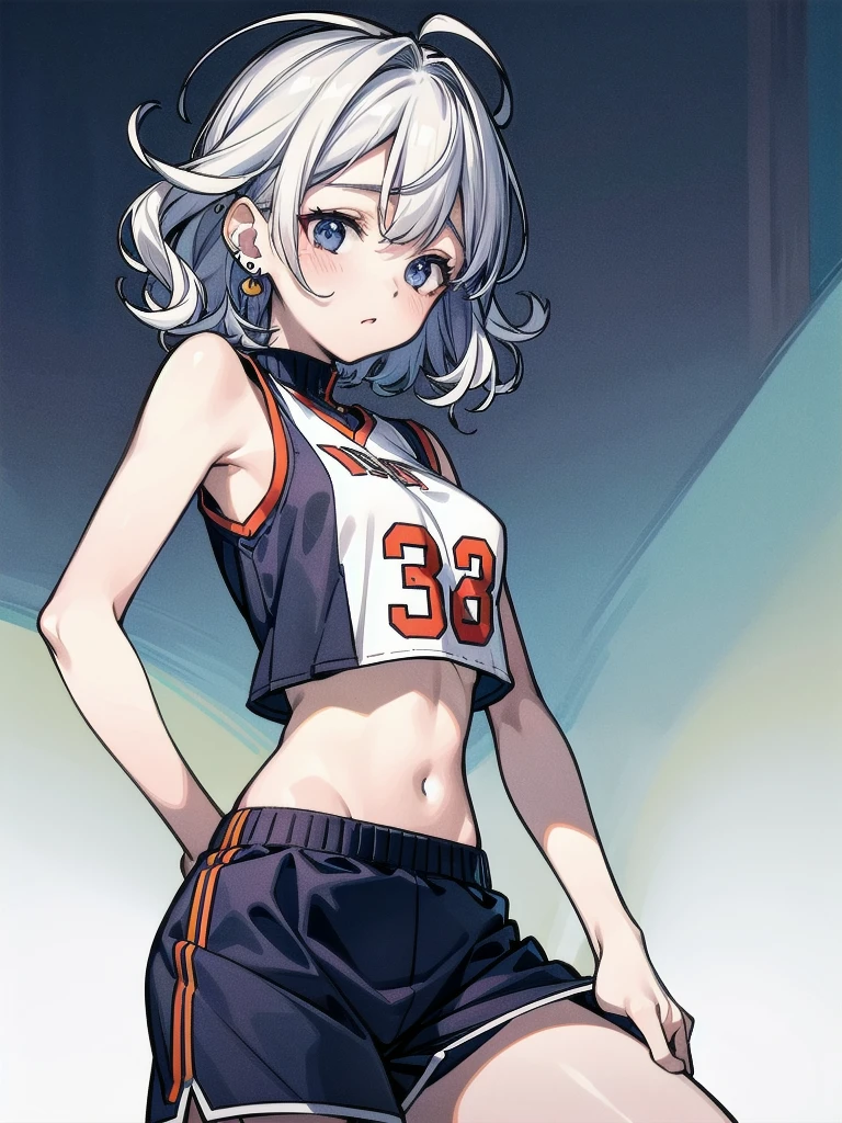 basketball uniform, shorts, midriff, sleeveless, absurdres, RAW photo, extremely delicate and beautiful, masterpiece, Best Quality, ultra high resolution, 32k, hyperrealistic, ultra-detailed, detailed description, pale skin, 20 years old, tearful mole, earring, big tits, short medium hair, wavy hair, whole body shot,