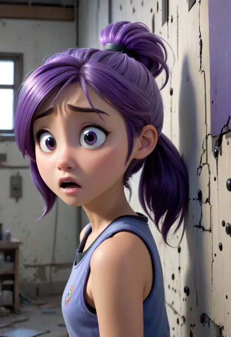 14 year old Japanese girl, purple hair in ponytail, blue collar, gray tank top, terrified, stuck to the wall with strong black g...