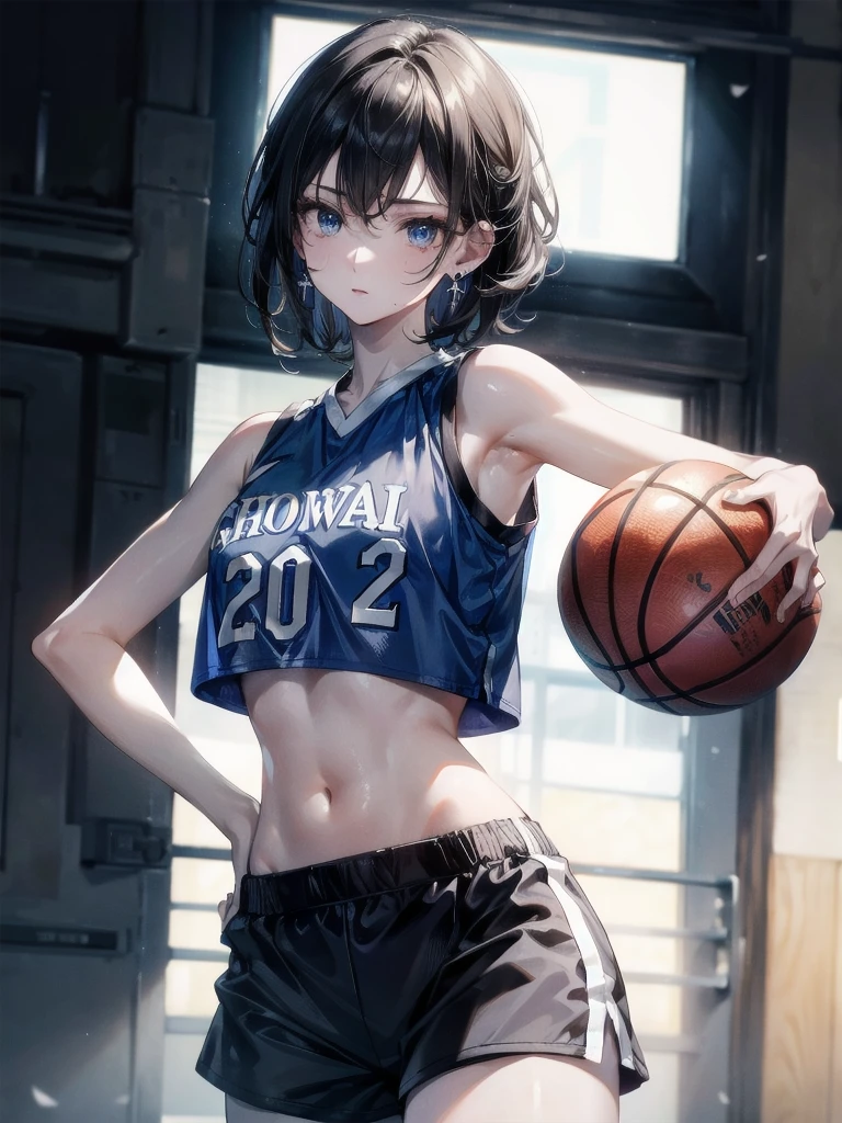 basketball uniform, shorts, midriff, sleeveless, absurdres, RAW photo, extremely delicate and beautiful, masterpiece, Best Quality, ultra high resolution, 32k, hyperrealistic, ultra-detailed, detailed description, pale skin, 20 years old, tearful mole, earring, big tits, short medium hair, wavy hair, whole body shot,