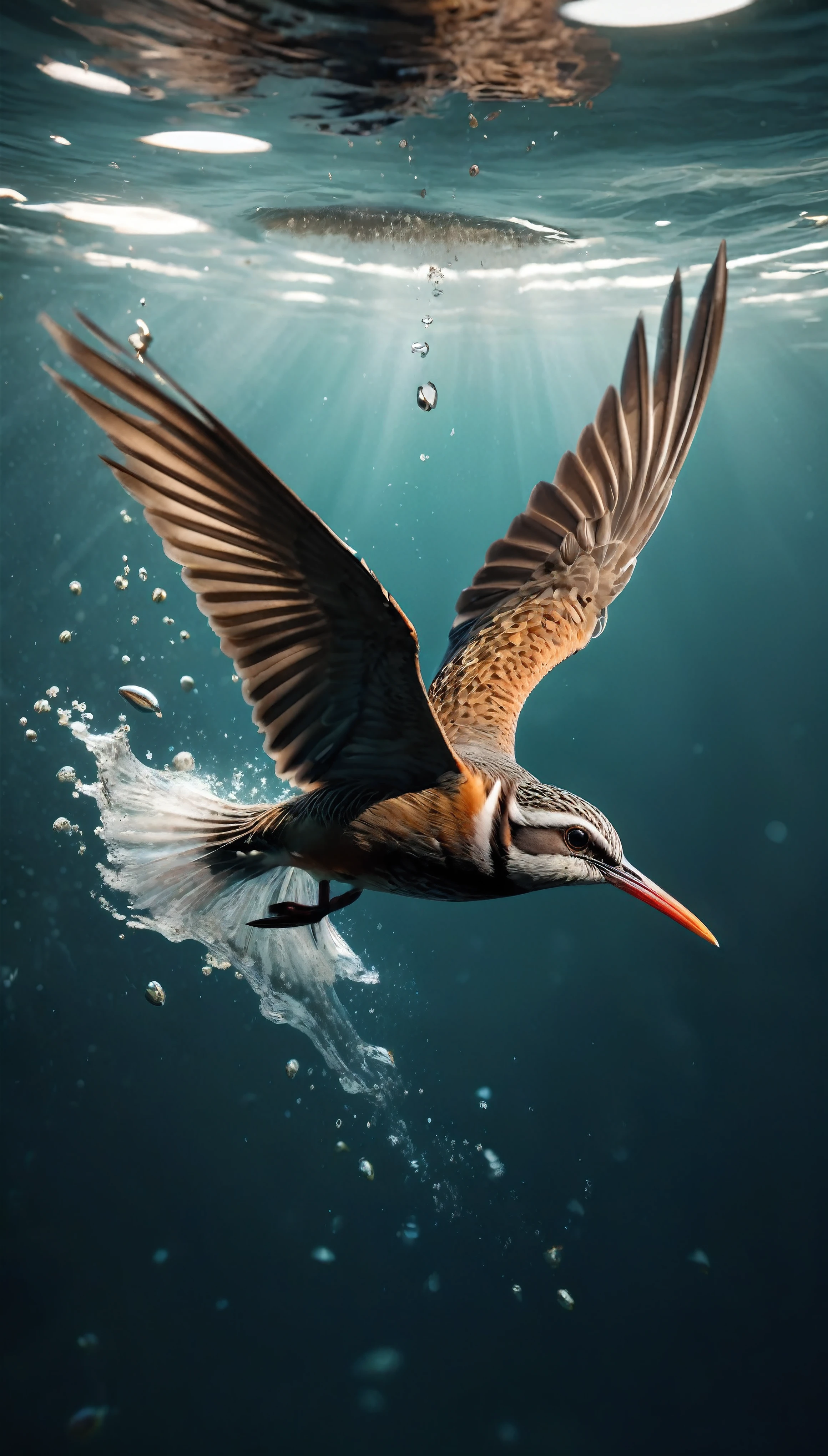 ((Masterpiece in maximum 16K resolution):1.6),((soft_color_photograpy:)1.5), ((Ultra-Detailed):1.4),((Movie-like still images and dynamic angles):1.3),| ((Macro shot cinematic photo of diving birds diving into water):1.2), ((high speed dive):1.1), ((diving form):1.2), (macro lens), (tyndall effect), (a lot of splashes), (water splashes), (shimmer), (visual experience) ,(Realism), (Realistic),award-winning graphics, dark shot, film grain, extremely detailed, Digital Art, rtx, Unreal Engine, scene concept anti glare effect, All captured with sharp focus. | Rendered in ultra-high definition with UHD and retina quality, this masterpiece ensures anatomical correctness and textured skin with super detail. With a focus on high quality and accuracy, this award-winning portrayal captures every nuance in stunning 16k resolution, immersing viewers in its lifelike depiction. | ((perfect_composition, perfect_design, perfect_layout, perfect_detail, ultra_detailed)), ((enhance_all, fix_everything)), More Detail, Enhance.