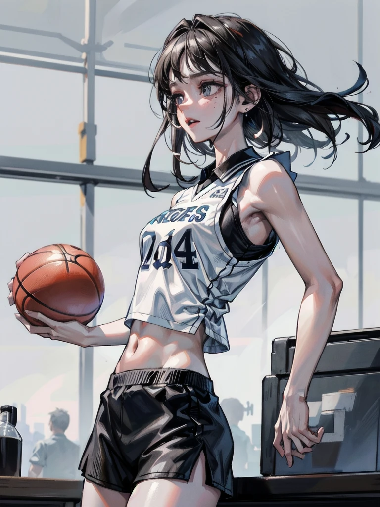 basketball uniform, shorts, midriff, sleeveless, absurdres, RAW photo, extremely delicate and beautiful, masterpiece, Best Quality, ultra high resolution, 32k, hyperrealistic, ultra-detailed, detailed description, pale skin, 20 years old, tearful mole, earring, big tits, short medium hair, wavy hair, whole body shot,