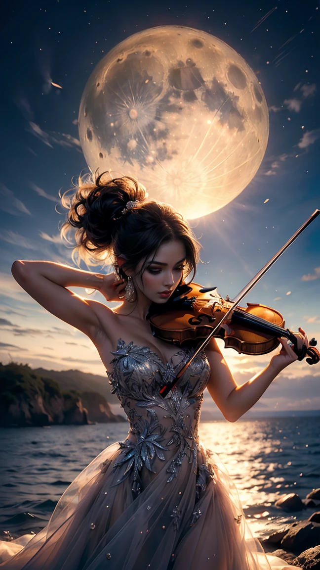 ((A woman playing a sad melody on a violin, viste un hermoso sexy y elegante vestido con un gran escote), (Cabello marron cenizo recogido y peinado elegante), con maquillaje que destaca su mirada melancolica, sentada tocando su instrumento, cuerpo esbelto y delicado, pelo con un peinado elegante y ostentoso, tiene el mar y la luna llena y majestuosa detras ella, paisaje nocturno y magico. They are on a rock at the seashore, raytraced, viento, paisaje de Luna llena y mar, (aesthetics and atmosphere:1.2), melancolica, apasionada, concentrada, ojos brillantes y verdes，plano amplio, cuerpo completo, extremidades posando como una maestra del violin. (foto cruda, mejor calidad), (realista, photo-realista:1.3), Obra maestra, un extremadamente perfecto y hermoso cuerpo, cuerpo palido extremadamente detallado, Best quality score, ultra dynamic violinist pose, close up, high view, Full moon and sea atmosphere, pose de artista, tiene a la luna gigante detras de ella
