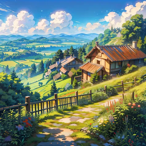 a painting of a small village on a hill, anime landscape, anime countryside landscape, flowers, stairs, fence, ghibli studio art...