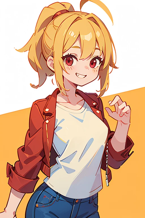 17 year old girl、blonde ponytail、Ahoge、big round red eyes、grin、small breasts、white t-shirt、red leather rider jacket、blue jeans pants、upper body close-up