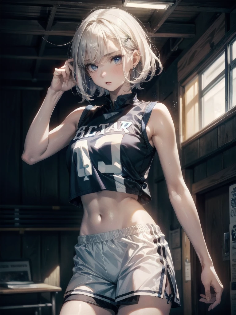 Basketball uniform, shorts, midriff, sleeveless, absurdres, RAW photo