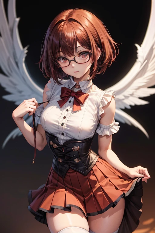 8K UHD, Digital SLR, Soft lighting, High quality, ((best quality)) ((best quality)), ((masterpiece)), (detailed), 4k image, anime style, beautiful teenage anime girl, black color A-line pleated skirt, white shirt, fair caramel brown skin, symmetrical face, plump lips, blood red vermillion eyes, thin circular frame transparent nerdy glasses, African looks, small breasts, toned thin slender body, small narrow waist, short height, waist length pixie cut hair, sleek dark red hair, hips, phoenix eyes, small nose, European style , white color sheer thigh-high stockings, low-top boots