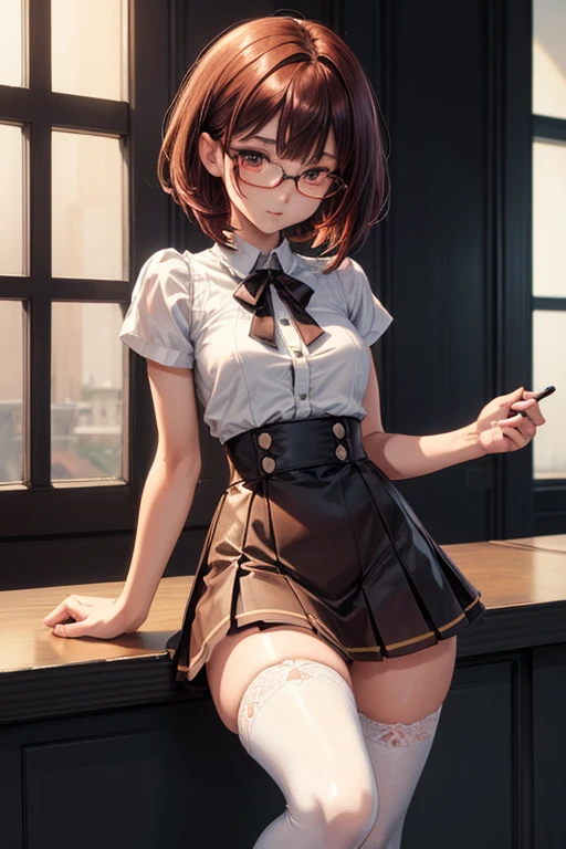 8K UHD, Digital SLR, Soft lighting, High quality, ((best quality)) ((best quality)), ((masterpiece)), (detailed), 4k image, anime style, beautiful teenage anime girl, black color A-line pleated skirt, white shirt, fair caramel brown skin, symmetrical face, plump lips, blood red vermillion eyes, thin circular frame transparent nerdy glasses, African looks, small breasts, toned thin slender body, small narrow waist, short height, waist length pixie cut hair, sleek dark red hair, hips, phoenix eyes, small nose, European style , white color sheer thigh-high stockings, low-top boots
