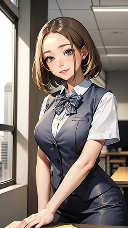 1 Woman Standing, office worker, reception, (White and grey checked vest:1.2) (Navy pencil skirt) bow tie, Mature Woman, /(short hair、Light brown hair、Blonde hair/) Beautiful forehead, A gentle blushing smile, (Masterpiece of the highest quality:1.2) Delicate illustrations, super detailed, Big Break (Modern office indoors), Cityscape of windows, Detailed Background