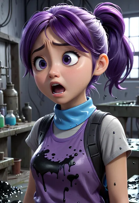 14 year old Japanese girl, purple hair in ponytail, blue collar, gray tank top, terrified, trapped in black slime in abandoned l...