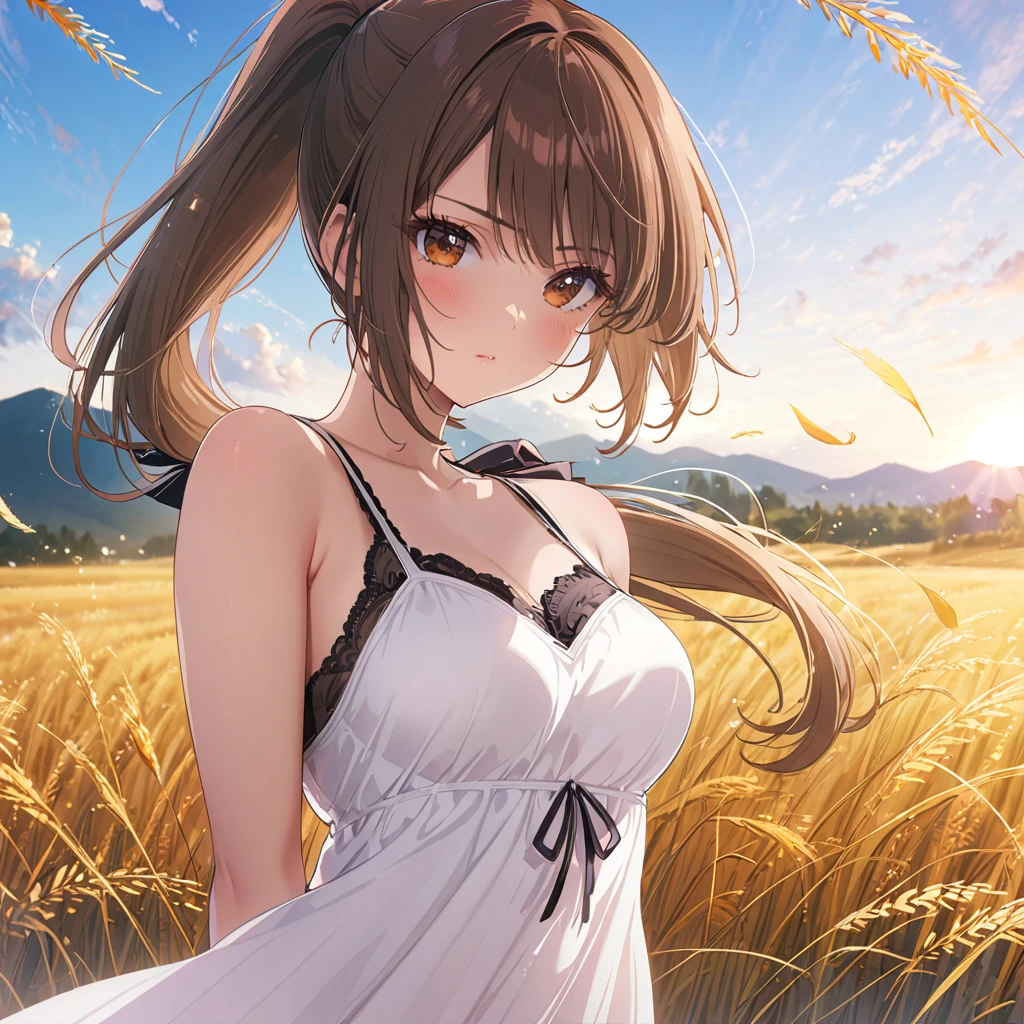 (masterpiece:1.4),, (highest quality:1.4),, Ultra-high resolution,, 8k, CG,, (Very delicate and beautiful:1.2),, , Upper Body,, From the side,, View Viewer,, , One girl,, alone,, Robber Girl,, Mature Girls,, , cute, sweet,, , In the wheat field,, Blurred Background,, , Long brown hair,, ponytail,, , Brown eyes,, Mouth closed,, Red lips,, , Face blown by the wind,, , White Dress,, Medium chest,