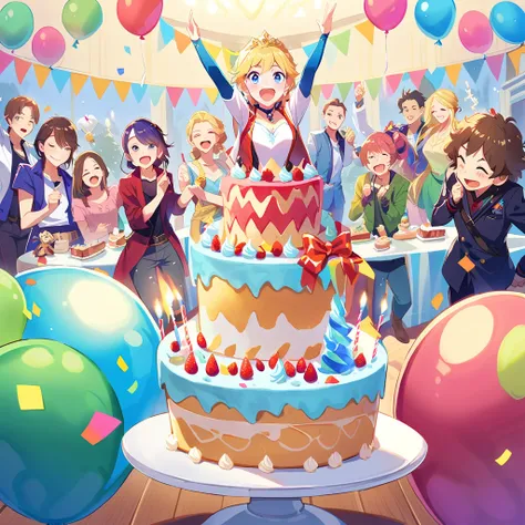 4〜a fun birthday party scene with six kids, cake, candles and disney「frozen」elsa is standing in the background, celebration styl...