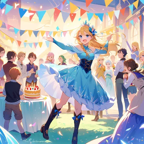 4〜a fun birthday party scene with six kids, cake, candles and disney「frozen」elsa is standing in the background, celebration styl...