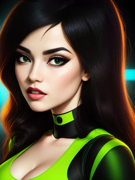 A stunning intricate full color portrait of Shego, pale skin, black hair, green eyes, wearing a black and green body suit, deep ...