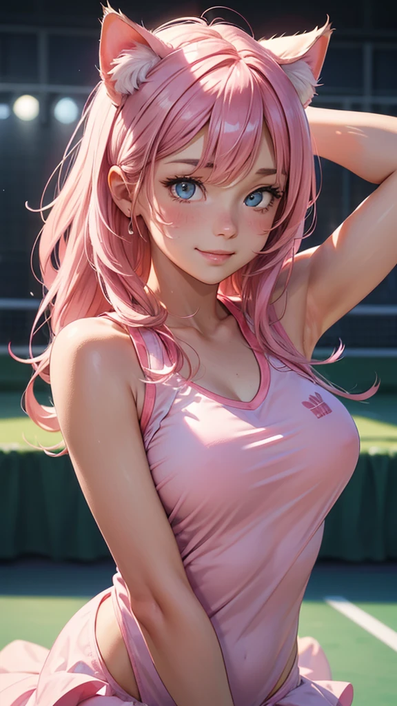 (high resolution, upper body, soft skin:1.2),(best illustration,masterpiece:1.2),ultra-detailed,[(cat ears ,pink inside:1.2),vivid colors,sharp focus,portrait,studio lighting,bokeh, wearing a tennis uniform, tennis courts background, arms behind head, smiling