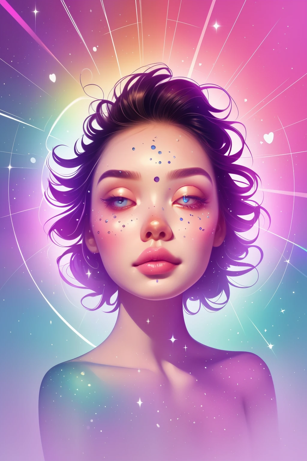 (This is a beautiful rainbow fantasy image that feels interesting and emphasizes glitter and iridescence.) Generate a ((blind)) curvy woman with colorful curly hair and milky white eyes. Her face is important and is perfectly formed with puffy lips and perfect features. (Her eyes are critically important and are (blank) and (solid white)). The image exudes ethereal beauty and soft fantasy. Include sweet and detailed birds and soft, luminous flowers in all the colors of the rainbow. The image's background is decorated in shades of pink, shimmer, glitter, and fantasy details like colored bubbles and cosmos. Utilize dynamic composition to create a compelling and action-packed image. Dramatic lighting and cinematic lighting enhance the woman's beauty and the soft colors in the artwork. (((((Perspective: head on.))))) Include fantasy, cute, colorful, colourful, interesting magic background, ((((blank eyes)))), ((((empty white eyes)))), (shirome eyes:1.3), (smirking), (perfectly rendered solid whiteeyes), ((birthmark on lip)), ((pretty lips)), beautiful background, complex background, sweet background, (((rainbow)))