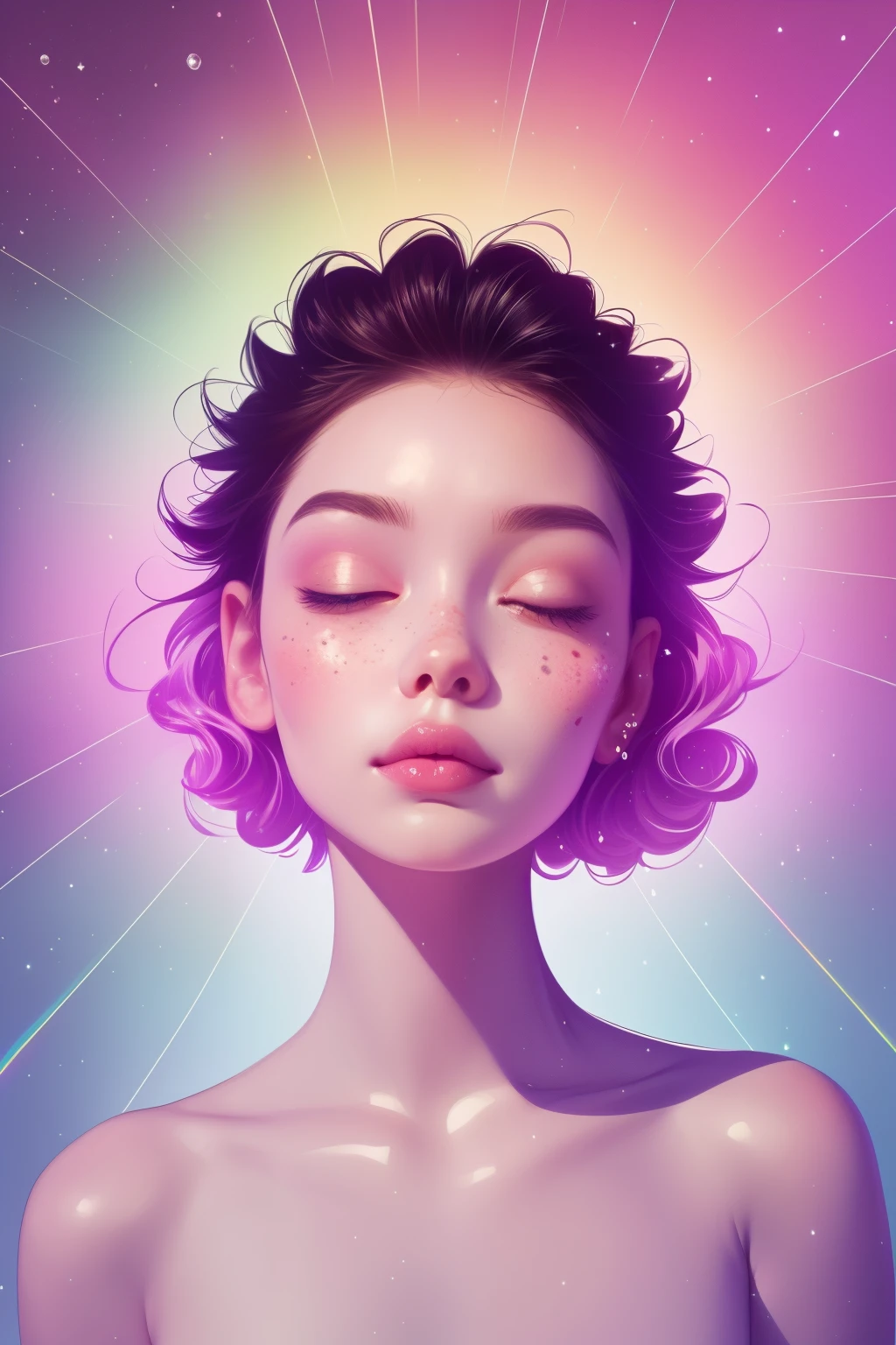 (This is a beautiful 彩虹 fantasy image that feels interesting 和 emphasizes 闪光 和 iridescence.) 生成 ((瞎的)) curvy woman with 丰富多彩的 curly hair 和 milky white eyes. Her face is important 和 is perfectly formed with puffy lips 和 perfect features. (Her eyes are critically important 和 are (空白的) 和 (纯白色)). The image exudes ethereal beauty 和 soft fantasy. Include sweet 和 detailed birds 和 soft, luminous flowers in all the colors of the 彩虹. 图像的背景以粉红色调装饰, 闪光, 闪光, 和 fantasy details like colored bubbles 和 cosmos. Utilize dynamic composition to create a compelling 和 action-packed image. Dramatic lighting 和 cinematic lighting enhance the woman's beauty 和 the soft colors in the artwork. (((((看法: 脑袋上.))))) 包括幻想, 可爱的, 丰富多彩的, 丰富多彩的, 有趣的魔法背景, ((((空白的 eyes)))), ((((空洞的白色眼睛)))), (白眼:1.3), (傻笑), (perfectly rendered 纯白色eyes), ((嘴唇上的胎记)), ((美丽的嘴唇)), 美丽的背景, 复杂背景, 甜蜜的背景, (((彩虹)))