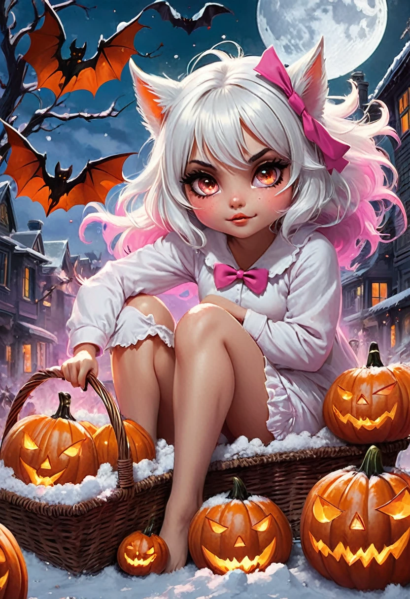 Masterpiece, best quality, super detailed, illustration, beautiful detailed eyes, close up, a girl. It is white hair, pink bow, white pajamas. Squat on the ground and rummage through the clothes basket, panties fly through air bury protag, snow and wolfy girl welcome too, this time movie poster with pumpkin bat explosions, holloween wolfgirl, succubus themed oc created, still missing jack-o pose (illegal? don't care! go fore it!(sfwtho im broke, not that i care...i dont!DONT))