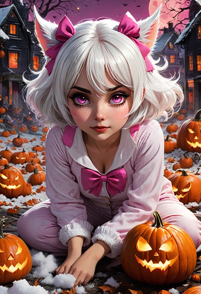 Masterpiece, best quality, super detailed, illustration, beautiful detailed eyes, close up, a girl. It is white hair, pink bow, white pajamas. Squat on the ground and rummage through the clothes basket, panties fly through air bury protag, snow and wolfy girl welcome too, this time movie poster with pumpkin bat explosions, holloween wolfgirl, succubus themed oc created, still missing jack-o pose (illegal? don't care! go fore it!(sfwtho im broke, not that i care...i dont!DONT))