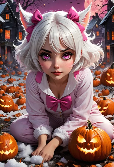 masterpiece, best quality, super detailed, illustration, beautiful detailed eyes, close up, a girl. it is white hair, pink bow, ...