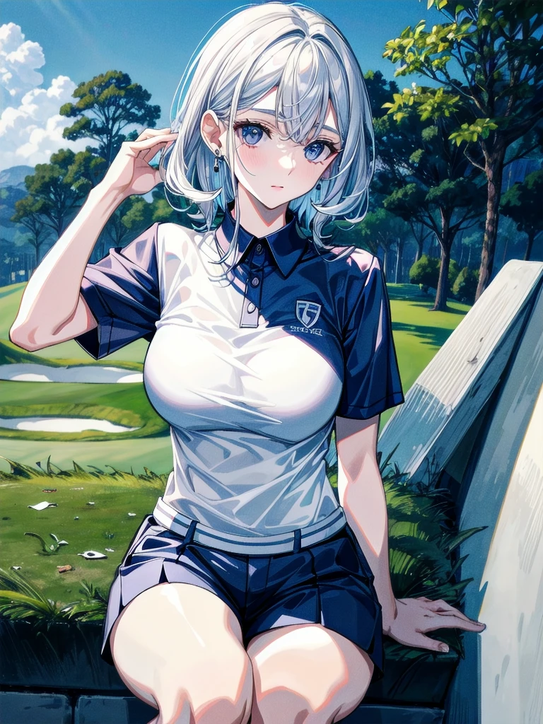 golf uniform, shorts, absurdres, RAW photo, extremely delicate and beautiful, masterpiece, Best Quality, ultra high resolution, 32k, hyperrealistic, ultra-detailed, detailed description, pale skin, 20 years old, tearful mole, earring, big tits, short medium hair, wavy hair, whole body shot,