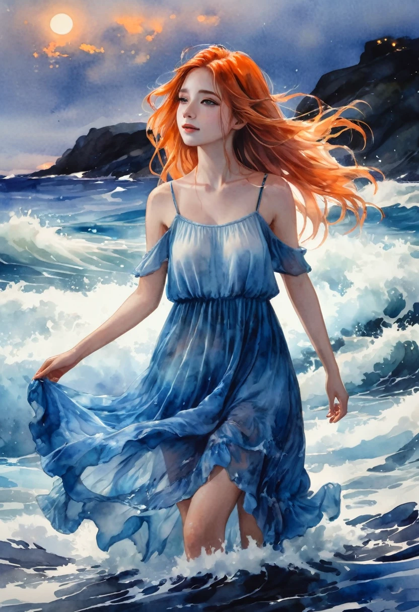 (masterpiece, best quality), ((1girl, solo, long hair)), Ishmael_limbus, innocence expression, bare arms, bare shoulders, bare neck, watercolor, sundress, liquid clothes, water, waves, water dress, blue_theme, night, mist, dark, sharp focus, sea, see-through dress, orange hair under, white on top. pure and fluffy, gotta stay fluffy, muy importante! esta bien! que?!