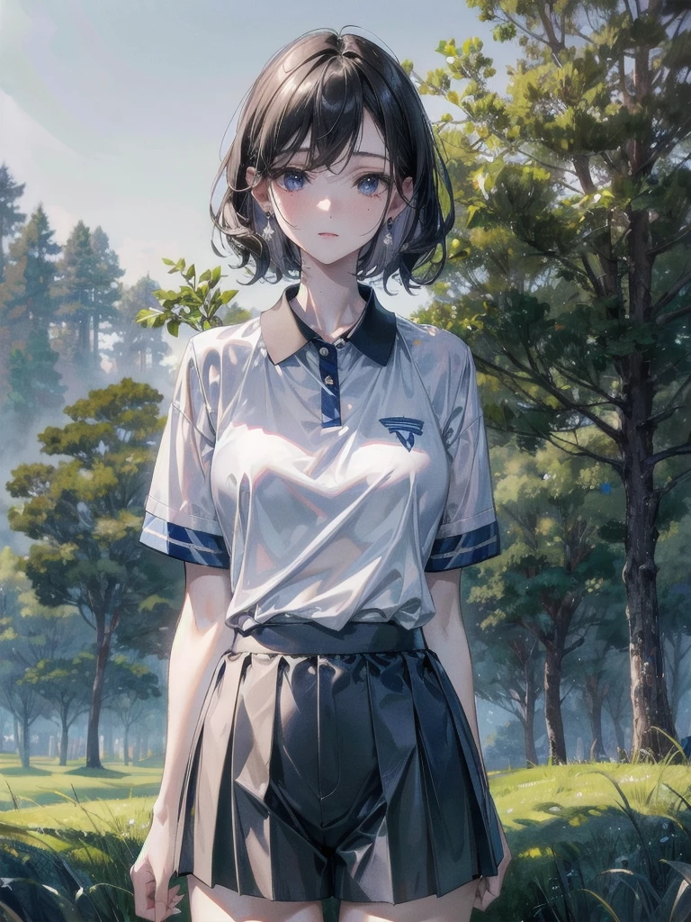 golf uniform, shorts, absurdres, RAW photo, extremely delicate and beautiful, masterpiece, Best Quality, ultra high resolution, 32k, hyperrealistic, ultra-detailed, detailed description, pale skin, 20 years old, tearful mole, earring, big tits, short medium hair, wavy hair, whole body shot,