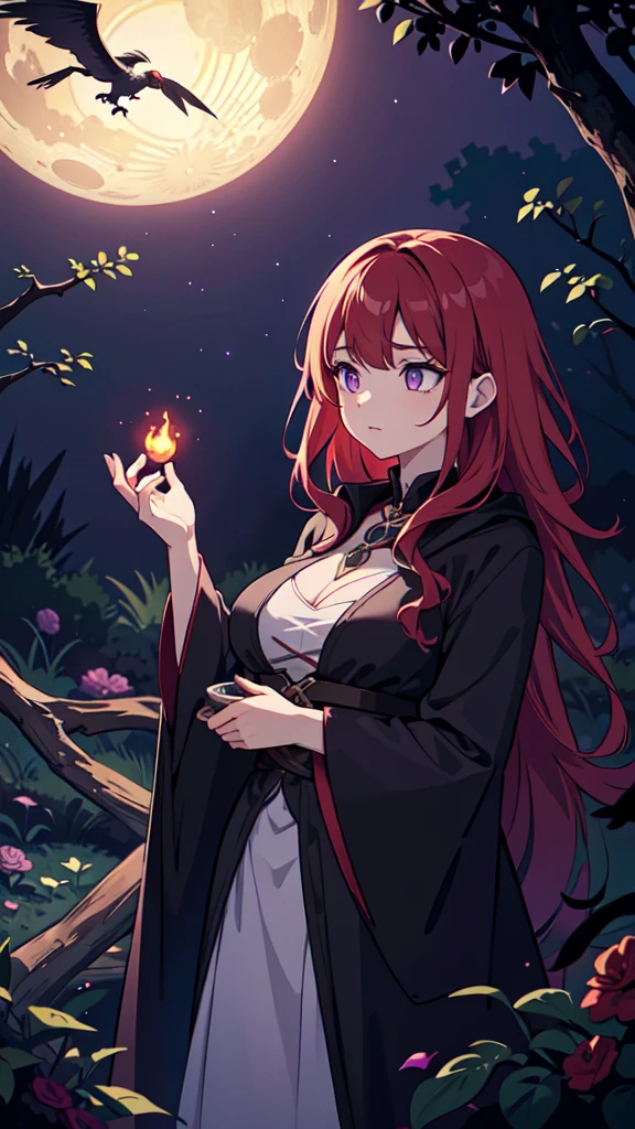 A red-haired sorceress with mesmerizing eyes and enchanting lips stands in a magical night garden, her fingertips reaching out for a crow. The scene is bathed in a mysterious glow, with soft moonlight casting shadows on the lush foliage surrounding her. The witch is dressed in a flowing robe adorned with intricate patterns, representing her powerful connection to the arcane arts. The crow, with feathers as dark as the night, perches on a twisted branch, its eyes filled with intelligence and mischief. As the sorceress extends her hand, a subtle swirl of vibrant red and purple magic begins to envelop her and the crow, hinting at the immense power she possesses. The atmosphere is filled with an air of both danger and intrigue, as if the witch is about to embark on an epic quest in a mystical RPG adventure. The artwork is of the highest quality, with an emphasis on ultra-detailed elements, realistic textures, and vivid colors. The lighting is carefully crafted to create a sense of depth and drama, with moonlight casting delicate highlights and shadows on the witch and her surroundings. This prompt promises to generate a masterpiece, capturing the essence of witchcraft and the allure of a sorceress immersed in a world of magic and mystery.