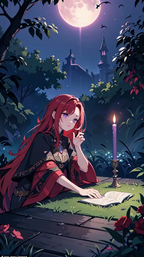 a red-haired sorceress with mesmerizing eyes and enchanting lips stands in a magical night garden, her fingertips reaching out f...