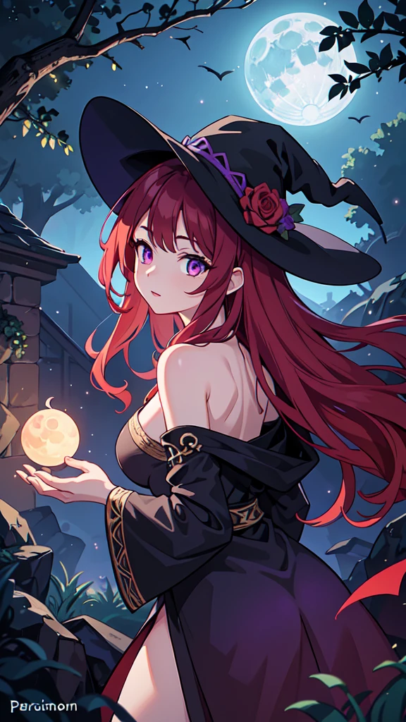 A red-haired sorceress with mesmerizing eyes and enchanting lips stands in a magical night garden, her fingertips reaching out for a crow. The scene is bathed in a mysterious glow, with soft moonlight casting shadows on the lush foliage surrounding her. The witch is dressed in a flowing robe adorned with intricate patterns, representing her powerful connection to the arcane arts. The crow, with feathers as dark as the night, perches on a twisted branch, its eyes filled with intelligence and mischief. As the sorceress extends her hand, a subtle swirl of vibrant red and purple magic begins to envelop her and the crow, hinting at the immense power she possesses. The atmosphere is filled with an air of both danger and intrigue, as if the witch is about to embark on an epic quest in a mystical RPG adventure. The artwork is of the highest quality, with an emphasis on ultra-detailed elements, realistic textures, and vivid colors. The lighting is carefully crafted to create a sense of depth and drama, with moonlight casting delicate highlights and shadows on the witch and her surroundings. This prompt promises to generate a masterpiece, capturing the essence of witchcraft and the allure of a sorceress immersed in a world of magic and mystery., back turned