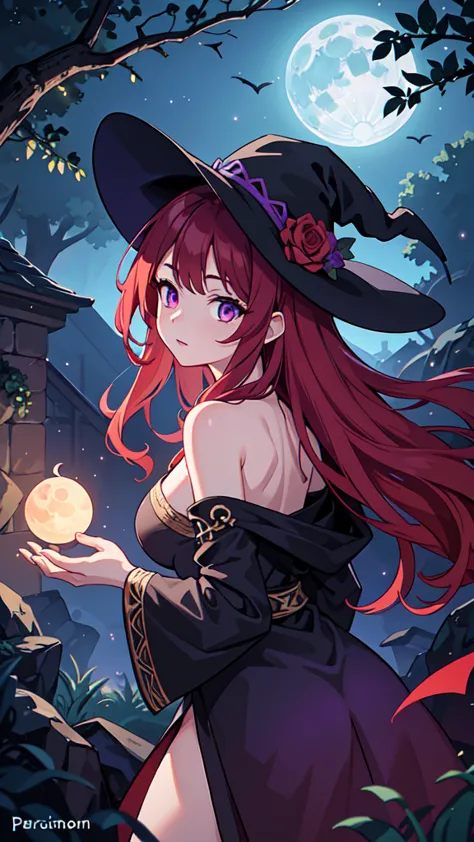 a red-haired sorceress with mesmerizing eyes and enchanting lips stands in a magical night garden, her fingertips reaching out f...