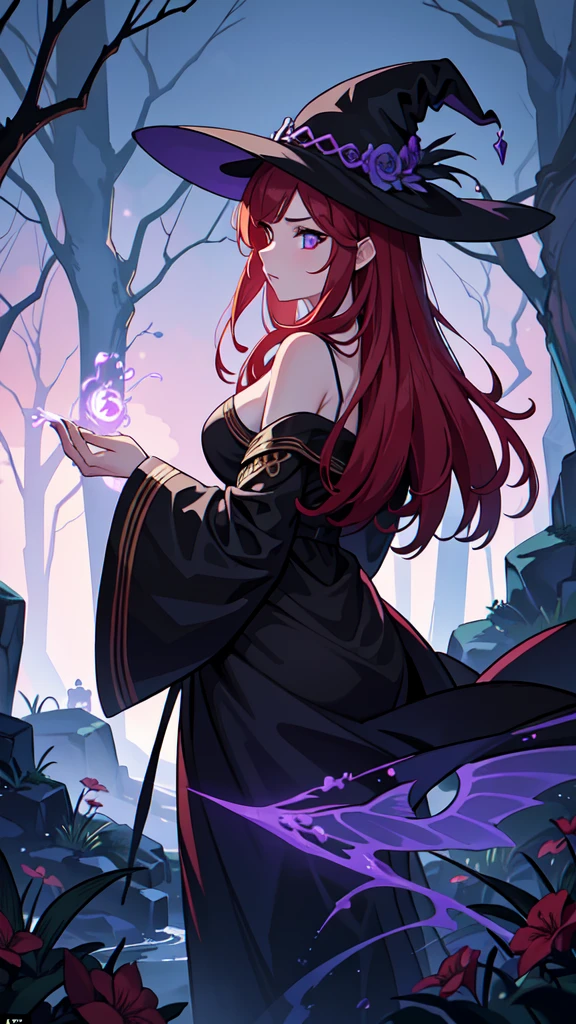 A red-haired sorceress with mesmerizing eyes and enchanting lips stands in a magical night garden, her fingertips reaching out for a crow. The scene is bathed in a mysterious glow, with soft moonlight casting shadows on the lush foliage surrounding her. The witch is dressed in a flowing robe adorned with intricate patterns, representing her powerful connection to the arcane arts. The crow, with feathers as dark as the night, perches on a twisted branch, its eyes filled with intelligence and mischief. As the sorceress extends her hand, a subtle swirl of vibrant red and purple magic begins to envelop her and the crow, hinting at the immense power she possesses. The atmosphere is filled with an air of both danger and intrigue, as if the witch is about to embark on an epic quest in a mystical RPG adventure. The artwork is of the highest quality, with an emphasis on ultra-detailed elements, realistic textures, and vivid colors. The lighting is carefully crafted to create a sense of depth and drama, with moonlight casting delicate highlights and shadows on the witch and her surroundings. This prompt promises to generate a masterpiece, capturing the essence of witchcraft and the allure of a sorceress immersed in a world of magic and mystery., back turned