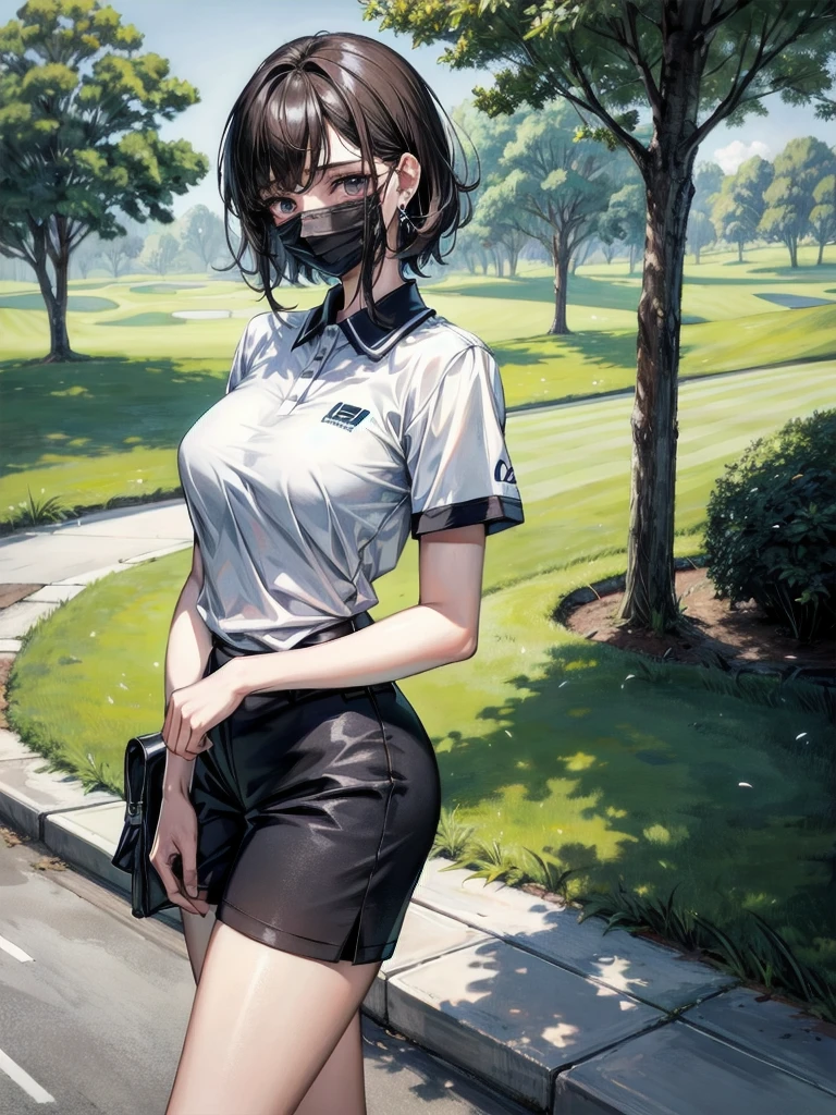 golf uniform, shorts, absurdres, RAW photo, extremely delicate and beautiful, masterpiece, Best Quality, ultra high resolution, 32k, hyperrealistic, ultra-detailed, detailed description, pale skin, 20 years old, tearful mole, earring, big tits, short medium hair, wavy hair, whole body shot,