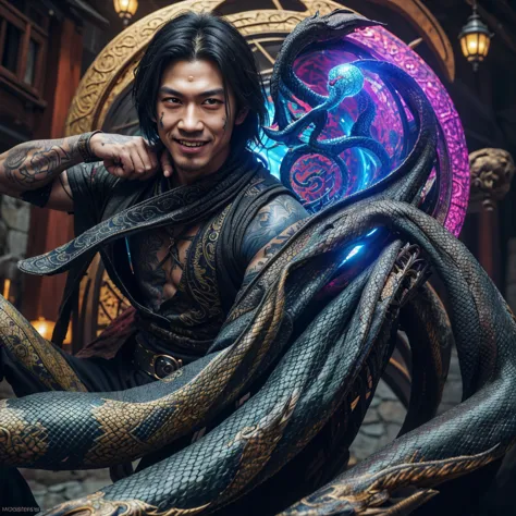 a witchy asian spirit, malaysian man, age 25, ankle length hair, extensive tattoos ( dragon motif), evil body jewelry, unclad (v...