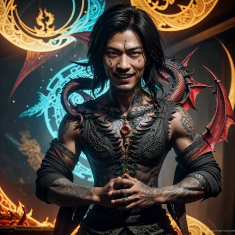 A witchy Asian spirit, Malaysian man, age 25, ankle length hair, extensive tattoos ( dragon motif), evil body jewelry, unclad (v...