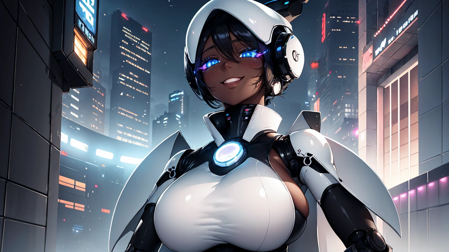 Haydee Robot, sexy, big breasts breast enlargement black skin, sci-fi city, black high heels, blushing, white hair, bikini big eyes, full-body shot looking into camera smiling illustration, ultra-detailed, HDR, vibrant colors, soft lighting