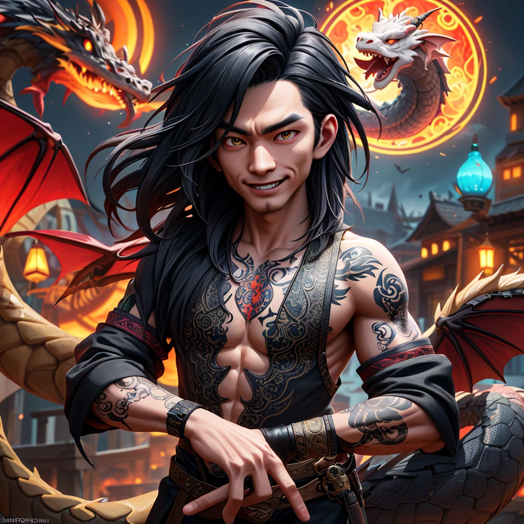 A witchy Asian spirit, Malaysian man, age 25, ankle length hair, extensive tattoos ( dragon motif), evil body jewelry, unclad (very sexy and revealing but still enough is covered to be SFW) , glowing eyes, and a unholy aura, he is laughing cruelly, he floats above a corrupt magic circle in a medieval European village, black serpentine Asian drakes slither around the edges of the scene(almost out of sight, almost out of reach). (best quality, 4k, highres, masterpiece:1.2), ultra-detailed, (realistic, photorealistic, photo-realistic:1.37), HDR, UHD, studio lighting, ultra-fine painting, sharp focus, physically-based rendering, extreme detail description, professional, vivid colors, bokeh, portraits, landscape, horror, anime, sci-fi, photography, concept artists, vibrant colors, soft lighting. Set in a medieval European village