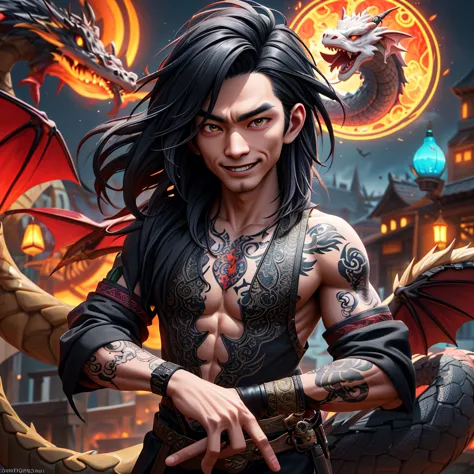 a witchy asian spirit, malaysian man, age 25, ankle length hair, extensive tattoos ( dragon motif), evil body jewelry, unclad (v...