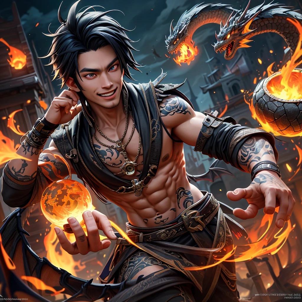 A witchy Asian spirit, Malaysian man, age 25, ankle length hair, extensive tattoos ( dragon motif), evil body jewelry, unclad (very sexy and revealing but still enough is covered to be SFW) , glowing eyes, and a unholy aura, he is laughing cruelly, he floats above a corrupt magic circle in a medieval European village, black serpentine Asian drakes slither around the edges of the scene(almost out of sight, almost out of reach). (best quality, 4k, highres, masterpiece:1.2), ultra-detailed, (realistic, photorealistic, photo-realistic:1.37), HDR, UHD, studio lighting, ultra-fine painting, sharp focus, physically-based rendering, extreme detail description, professional, vivid colors, bokeh, portraits, landscape, horror, anime, sci-fi, photography, concept artists, vibrant colors, soft lighting. Set in a medieval European village