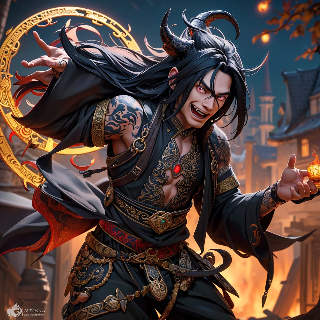 A witchy Asian spirit, Malaysian man, age 25, ankle length hair, extensive tattoos ( dragon motif), evil body jewelry, European gypsy outfit (very sexy and revealing but still enough is covered to be SFW) , glowing eyes, and a unholy aura, he is laughing cruelly, he floats above a corrupt magic circle in a medieval European village, black serpentine Asian drakes slither around the edges of the scene(almost out of sight, almost out of reach). (best quality, 4k, highres, masterpiece:1.2), ultra-detailed, (realistic, photorealistic, photo-realistic:1.37), HDR, UHD, studio lighting, ultra-fine painting, sharp focus, physically-based rendering, extreme detail description, professional, vivid colors, bokeh, portraits, landscape, horror, anime, sci-fi, photography, concept artists, vibrant colors, soft lighting. Set in a medieval European village