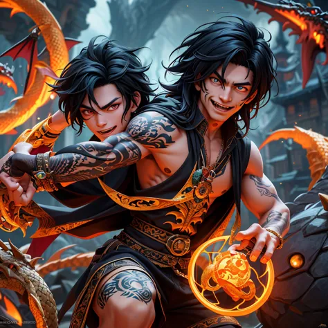 A witchy Asian spirit, Malaysian man, age 25, ankle length hair, extensive tattoos ( dragon motif), evil body jewelry, European ...