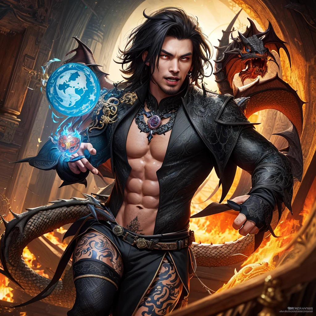 A witchy Asian spirit, Malaysian man, age 25, ankle length hair, extensive tattoos ( dragon motif), evil body jewelry, European gypsy outfit (very sexy and revealing but still enough is covered to be SFW) , glowing eyes, and a unholy aura, he is laughing cruelly, he floats above a corrupt magic circle in a medieval European village, black serpentine Asian drakes slither around the edges of the scene(almost out of sight, almost out of reach). (best quality, 4k, highres, masterpiece:1.2), ultra-detailed, (realistic, photorealistic, photo-realistic:1.37), HDR, UHD, studio lighting, ultra-fine painting, sharp focus, physically-based rendering, extreme detail description, professional, vivid colors, bokeh, portraits, landscape, horror, anime, sci-fi, photography, concept artists, vibrant colors, soft lighting. Set in a medieval European village