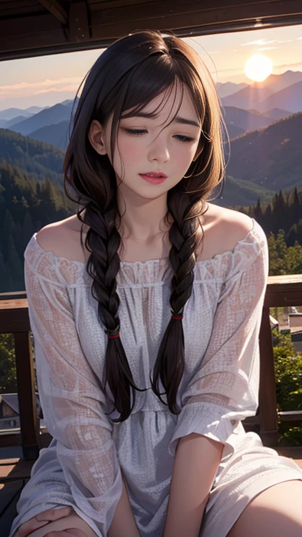 (Droopy eyes, Sleepy face, From the angle from below, Realistic skin, Ecstasy face), gale, long thick braids, Open your legs, gentlemen.々Patterned casual dress, external, Mountain, (((focus on, exist))), ((dark hour of dawn)), exist in the woods,