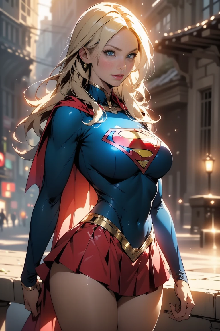 nsfw: 1.5, masterpiece, best quality, high quality, high definition, high quality textures, high quality shadows, high definition, beautiful detail, highly detailed CG, detailed textures, realistic representation of faces, realistic, colorful, delicate , cinematic lights, side lights, lens flares, ray tracing, sharp focus, supergirl, ((best quality, masterpiece, absurd, 8k)), 1 girl, solo, 21 years old,Supergirl(Helen Slater), huge breasts, huge breasts, long hair down to her hips, long hair,low hair, voluminous hair, white skin tone, green eyes, sparkling expressive eyes, huge breasts, she is supergirl, Supergirl cosplay , japanese sailor  female cosplay Supergirl, costume female school,stocking 7/8 ,superman suit, blushing, embarrassed expression, shy smile, building terrace, daytime, pretty, young woman, hands behind) (1girl, __focus__:1.3), (intricate details, makeup , PureErosFace_V1:0.5), (delicate beautiful face with details, Delicate eyes beautiful in details, perfect face proportions, dense skin, ideal proportion of four fingers and one thumb, arms under the chest, huge breasts, miniskirt,upskirt,wide hips, flat upper abdomen , thin, dressed, blonde: 1.3), bed, no hands