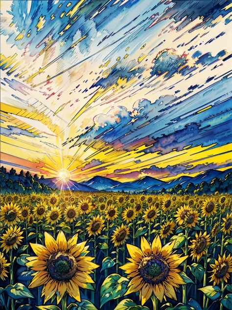 a painting of a field of sunflowers at sunset, sunflower field, scene: sunflower field, scene : sunflower field, colors : yellow...