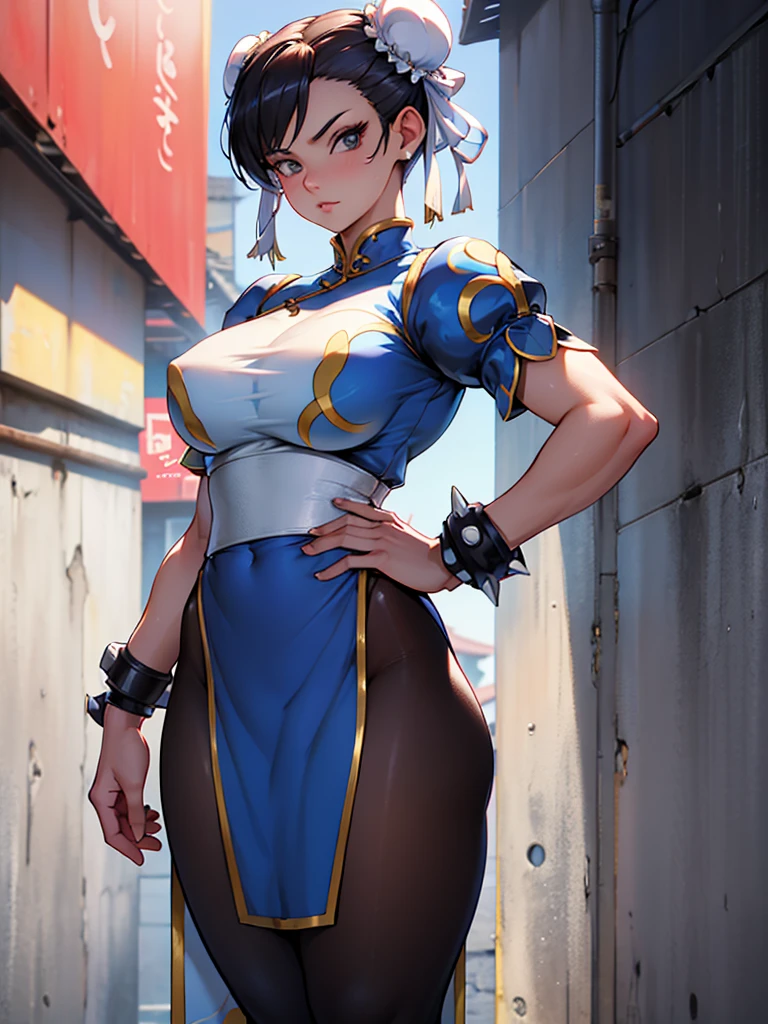 healed thigh,Chun-Li,beautiful young woman in classic blue uniform, thick-thighs, beautiful sexy thighs,a little muscular, hair stuck, black tights,Chinese city in the afternoon, Standing alone.独奏, blue outfit, blue skirt, serious look, beautifuleyes, beautiful face well detailed, detailed eyes and eyebrows.brown dark eyes
