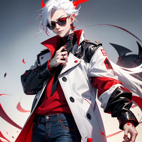 hot boy demon with red eyes, white hair,black coat and red shirt, blue jeans, pointy ears, has a lot of piercings, devilish smil...