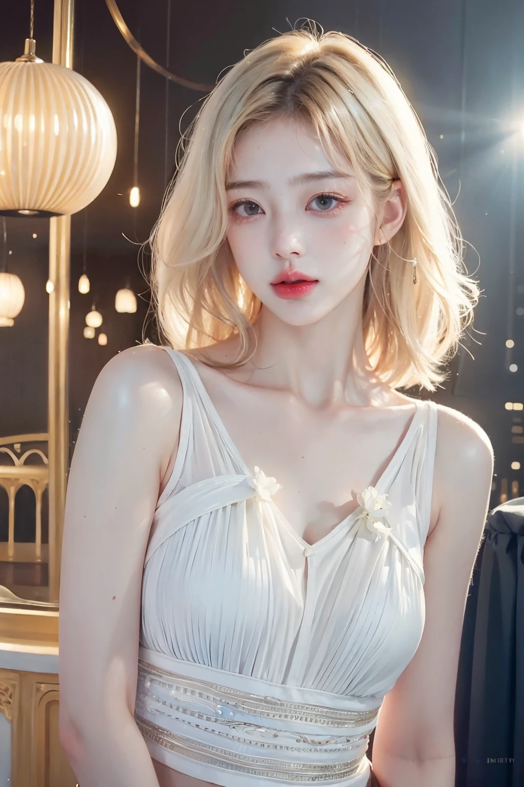 1 woman, SFW,  Beautiful woman with blonde hair in the arcade, (whole body:1.7), AS-Adult, detailed skin, ultra realistic 8k cg, 그림처럼 Perfect 얼굴, Perfect, Clean, masterpiece, 전문적인 illustration, famous work of art, movie lights, Cinematic flowers,  best quality, masterpiece, illustration, (realistic, photo-realistic:1.37), amazing, in detail, incredibly absurd, huge file size, very detailed, mackerel, very detailed CG Unity 8k 벽지, ray tracing. The background of the image is blurry., depth of field and extremely photorealistic quality., (Milky skin, glowing skin:1.5). 