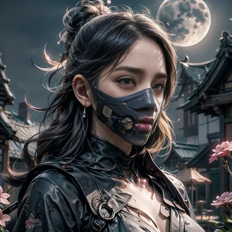 1. Description of the scene:
   - An assassin with a black goat-like mask and the appearance of a female samurai. (A girl with a...