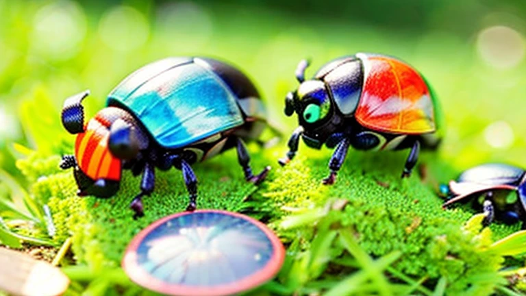 Children playing with beautiful beetles in the grassland、Children playing with beautiful beetles in the grassland、Colorful Mushiking